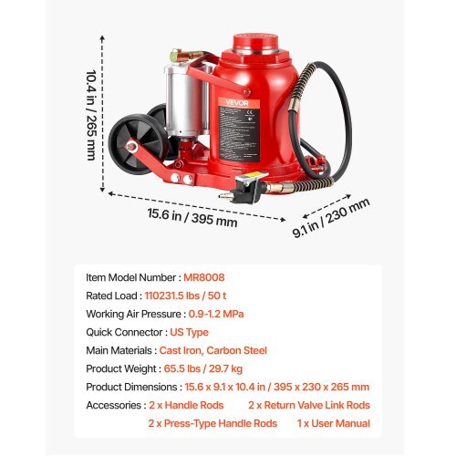 Air Hydraulic Bottle Jack, 50 Ton (110231.5 lbs) Capacity, 10.4-16.1 Inch Lifting Range, Pneumatic/Manual Heavy Duty Welded Bottle Jack with Pump for Car, SUV, Pickup, Truck, RV Auto Repair, Red