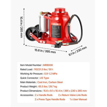 Air Hydraulic Bottle Jack, 50 Ton (110231.5 lbs) Capacity, 10.4-16.1 Inch Lifting Range, Pneumatic/Manual Heavy Duty Welded Bottle Jack with Pump for Car, SUV, Pickup, Truck, RV Auto Repair, Red