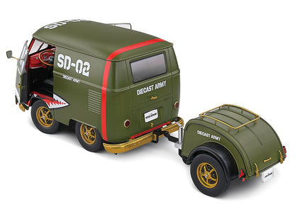 1950 Volkswagen Kool Kombi Van with Trailer "Army Fighter" Green with Graphics 1/18 Diecast Model Car by Solido