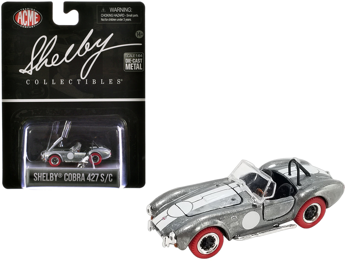 Shelby Cobra 427 S/C Raw Metal with White Stripes and Red Tires "Shelby Collectibles" Series 1/64 Diecast Model Car by ACME