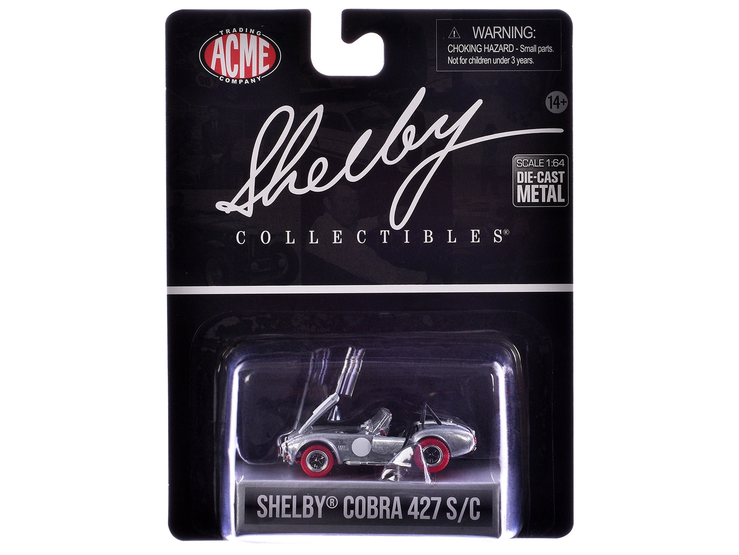Shelby Cobra 427 S/C Raw Metal with White Stripes and Red Tires "Shelby Collectibles" Series 1/64 Diecast Model Car by ACME
