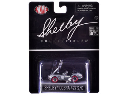 Shelby Cobra 427 S/C Raw Metal with White Stripes and Red Tires "Shelby Collectibles" Series 1/64 Diecast Model Car by ACME