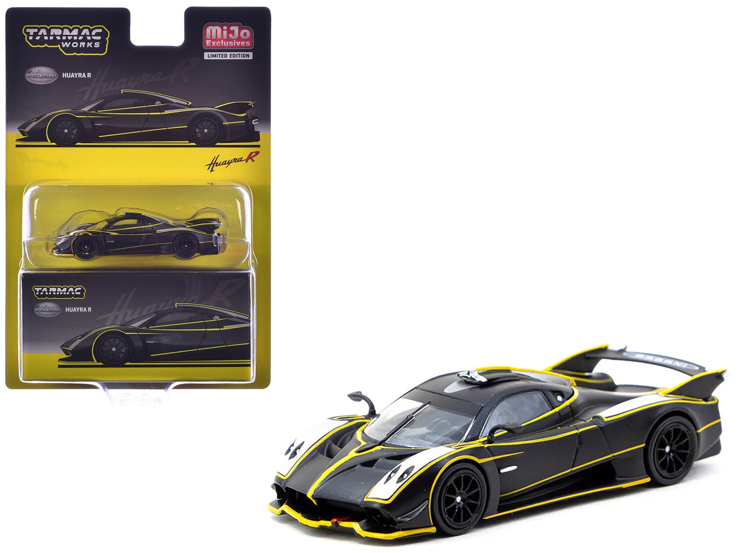 Pagani Huayra R Matt Black with Silver Accents and Yellow Stripes "Global64" Series 1/64 Diecast Model by Tarmac Works