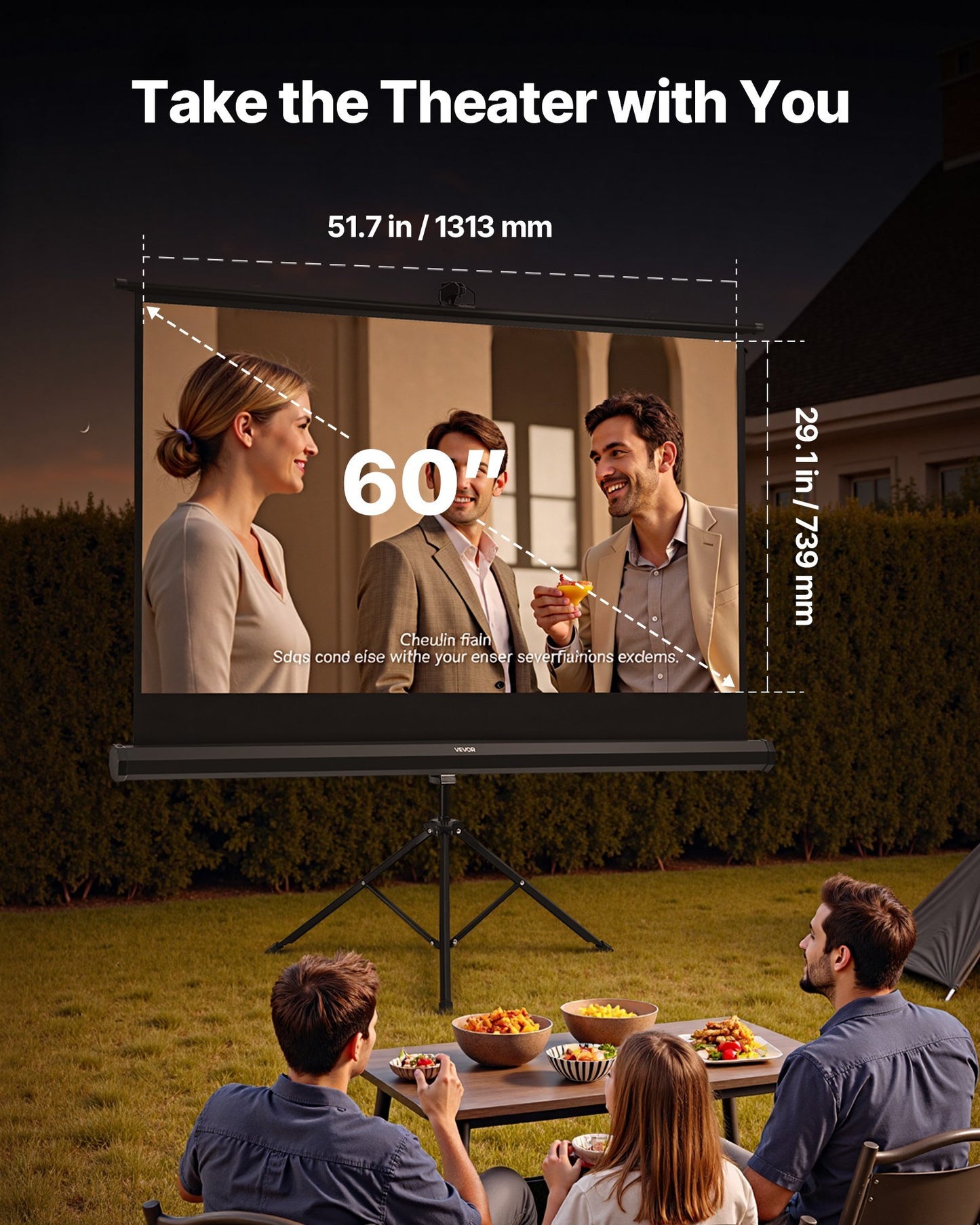 Tripod Projector Screen with Stand 60 Inch 160? Wide Angle 4K HD 16:9 Screen