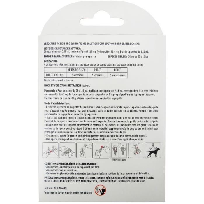 Pipettes - VETOCANIS - x4 Anti-flea and tick Duo Pipettes 268mg/80mg for Large Dogs