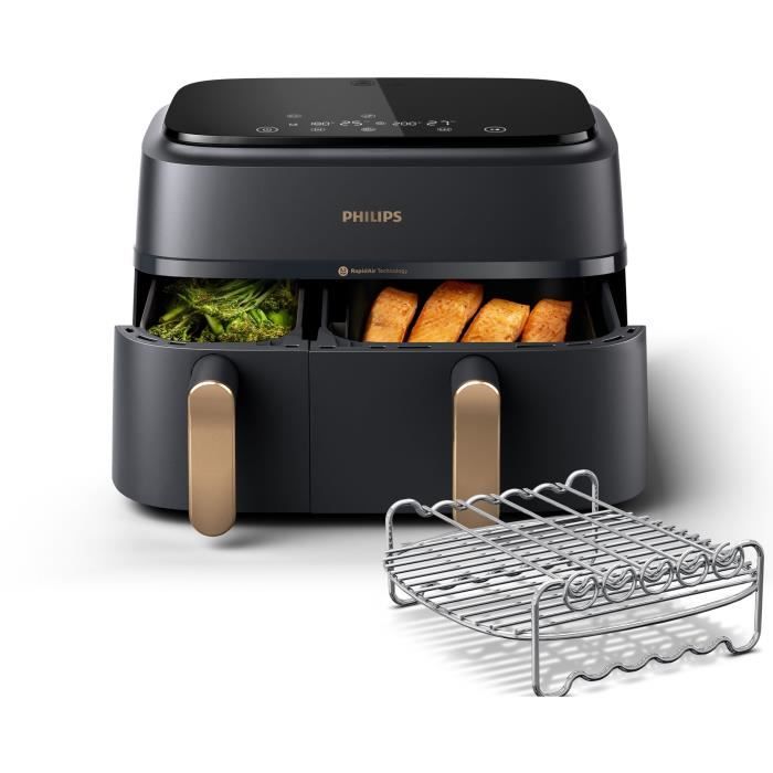 Oil-free fryer - PHILIPS - NA352/04 - 9L - Double basket - Touch screen + Accessories - Black