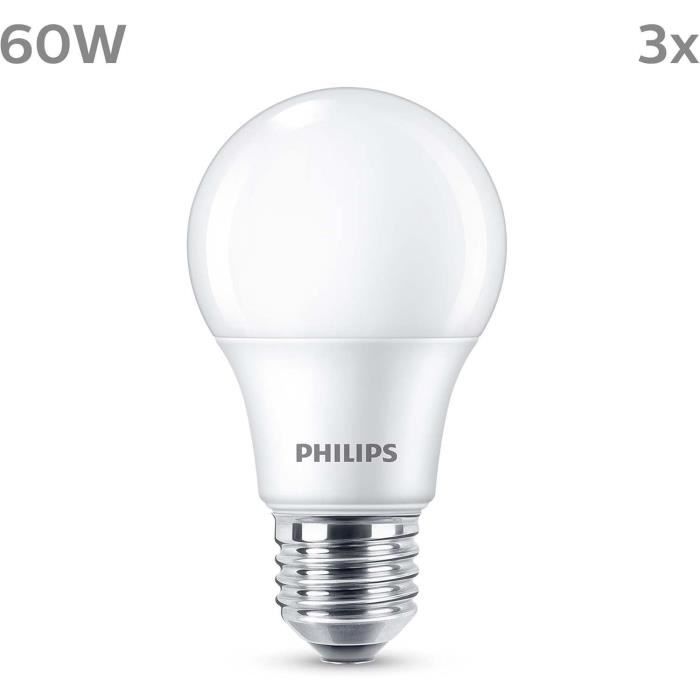 LED Bulb - PHILIPS - 60 W - E27 - Warm White - Frosted - Non-Dimmable - 3 pieces