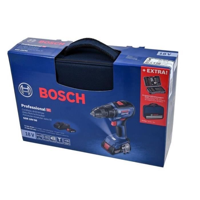Bosch Professional GSR 18V-50 drill-driver + 2 x 2.0Ah batteries + GAL 18V-20 charger + 43 accessories + Bag