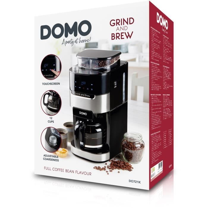 DOMO DO721K - 1.5L coffee maker - 12 cups - LCD screen, touch buttons - Integrated coffee grinder - Timer - 3 intensities