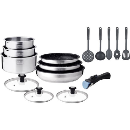 Induction cookware set - Arthur Martin - AM1275 - Stainless steel - 15 pieces - Removable handle - All hobs including induction