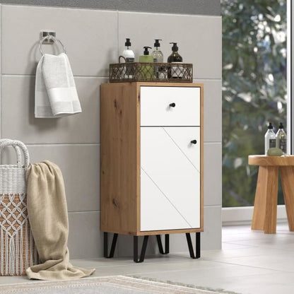 Bathroom furniture - low storage - Oak and white decor - L36 x D29 x H79 cm - TOUCH
