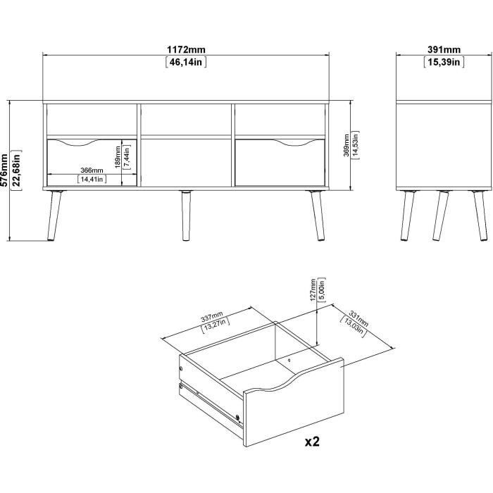 TV cabinet - 4 niches 2 drawers - White / Oak - 117.2 x 39.1 x 57.4 cm