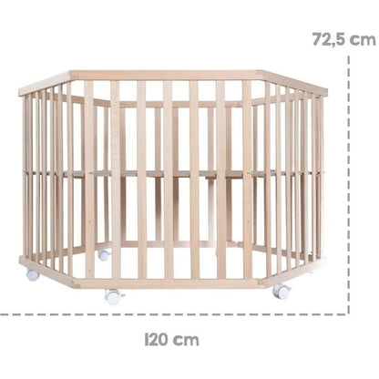 Hegaxonal Baby Playpen - ROBA - LIEBHABEAR - Height Adjustable - Removable Base - 6 Braked Wheels - Natural Wood - Teddy Bear Pattern