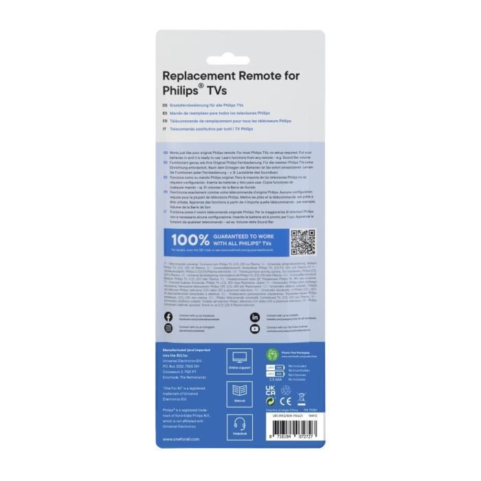 ONE FOR ALL URC4913 - Replacement remote control for Philips TV