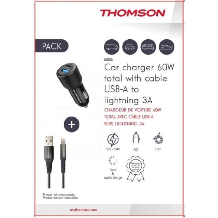 Charger + cable pack - THOMSON - 60 W car charger - USB-A to L 3A cable