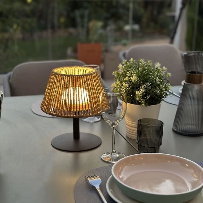Cordless table lamp - LUMISKY - STANDY MINI RAFFY - H22 cm - Natural raffia - Warm white and white LED