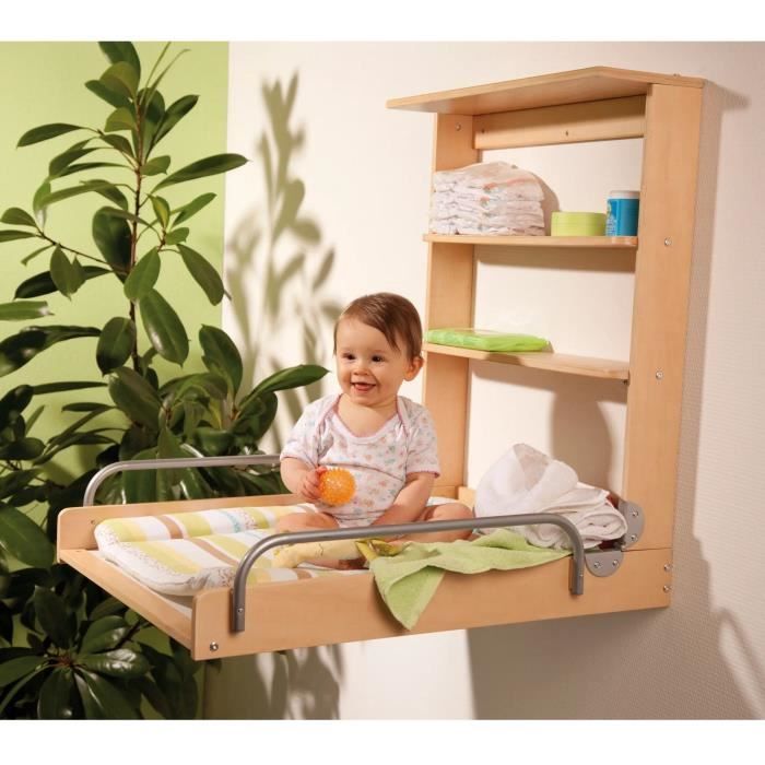 Wall-mounted folding changing table - ROBA - DSCHUNGELBABY - Multi-coloured striped mattress included - 2 integrated shelves - Natural wood