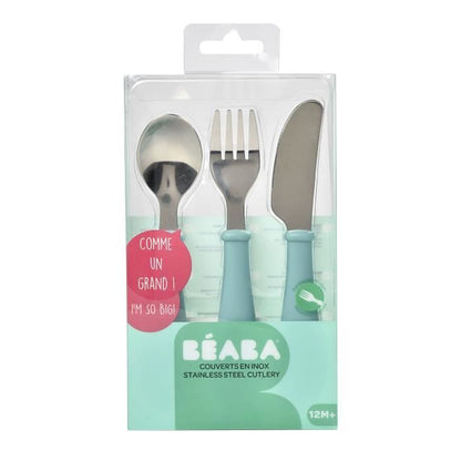 BEABA Set of 3 stainless steel airy green cutlery