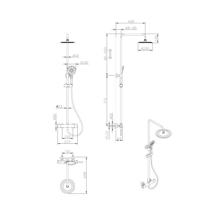 Oceanic shower column - Thermostatic mixer - High round apple diameter 20 cm - matt black