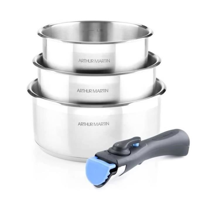 Set of 3 pans 16-18-20 cm Arthur Martin AM3710 - Stainless steel - Removable handle - All lights including induction