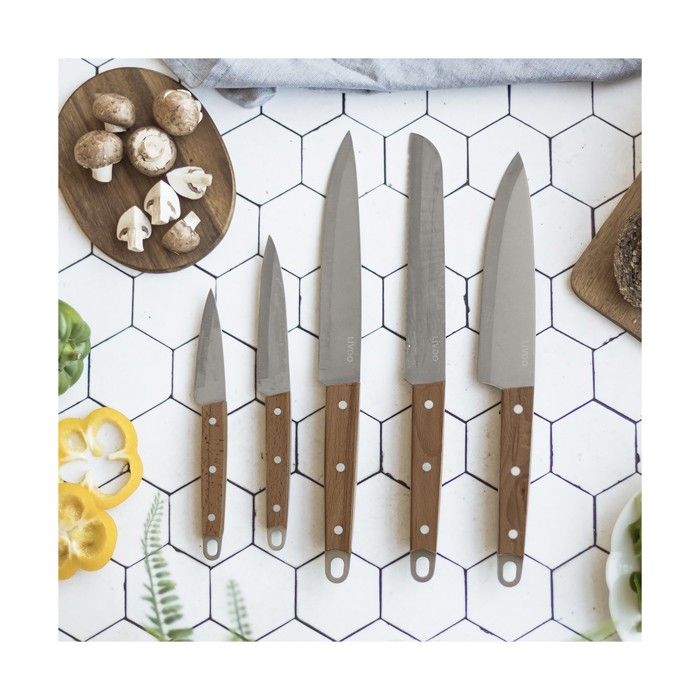 Set of 5 knives - LIVOO - MEC129 - Knives: chef, bread, kitchen, slicing and paring - Stainless steel - Beech handle