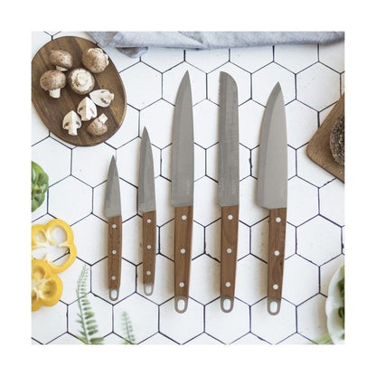 Set of 5 knives - LIVOO - MEC129 - Knives: chef, bread, kitchen, slicing and paring - Stainless steel - Beech handle