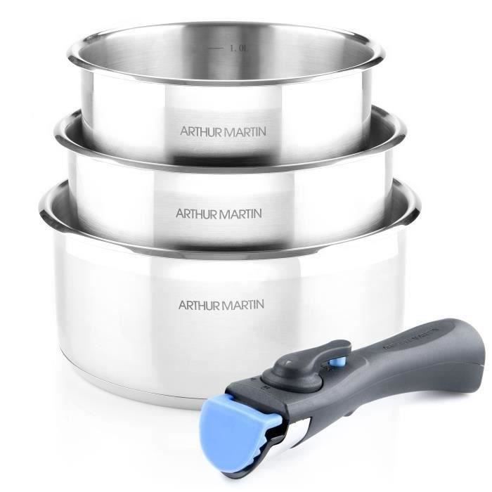 Set of 3 pans 16-18-20 cm Arthur Martin AM3710 - Stainless steel - Removable handle - All lights including induction