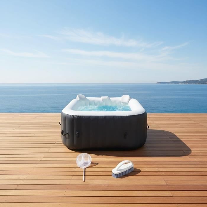 ALL-INCLUSIVE SPA KIT and accessories: 4-seater square inflatable spa with 2 headrests, filter, net, brush, mat, cover