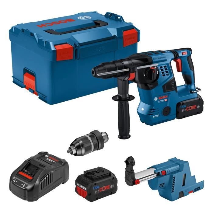 Bosch Professional GBH 18V-28CF 3.3J hammer drill with GDE 18V-16 suction device, 2 ProCore 8.0Ah batteries, charger, Llbox 0611921003