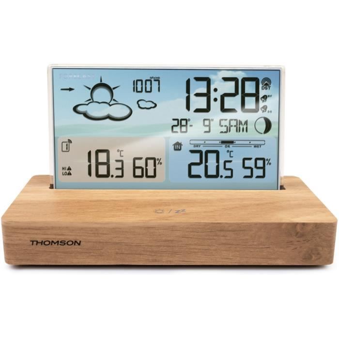 Weather station alarm clock - THOMSON - Light wood - Temperature display, Hygrometry, Double alarm, USB-C, Wireless probe