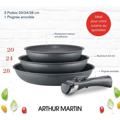 Arthur Martin AM521gm kitchen battery set with 3 stoves - matt gray 20-24-28 cm + 1 removable handle - All lights including induction