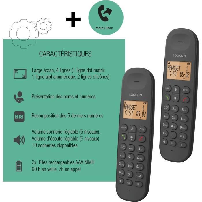 Cordless landline telephone - LOGICOM - DECT ILOA 250 DUO - Black - Without answering machine