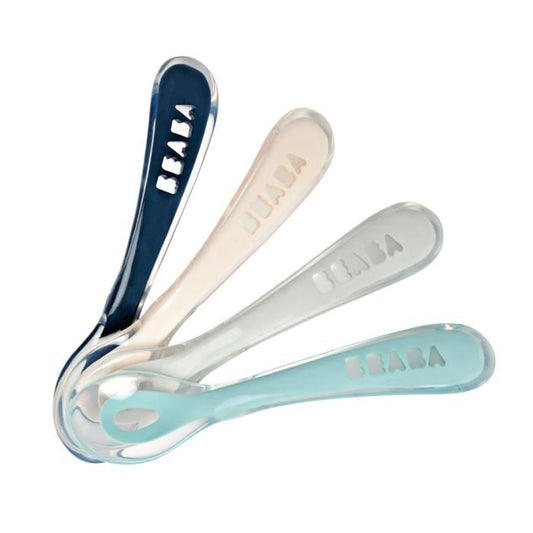 BEABA Lot of 4 spoons 2nd age silicone (dark blue + pink + light mist + airy green)