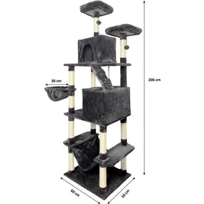 TAYLOR Cat tree - 60 x 50 x 206 cm - Dark grey - 2 platforms, 1 perch, 2 cabins, 1 hammock