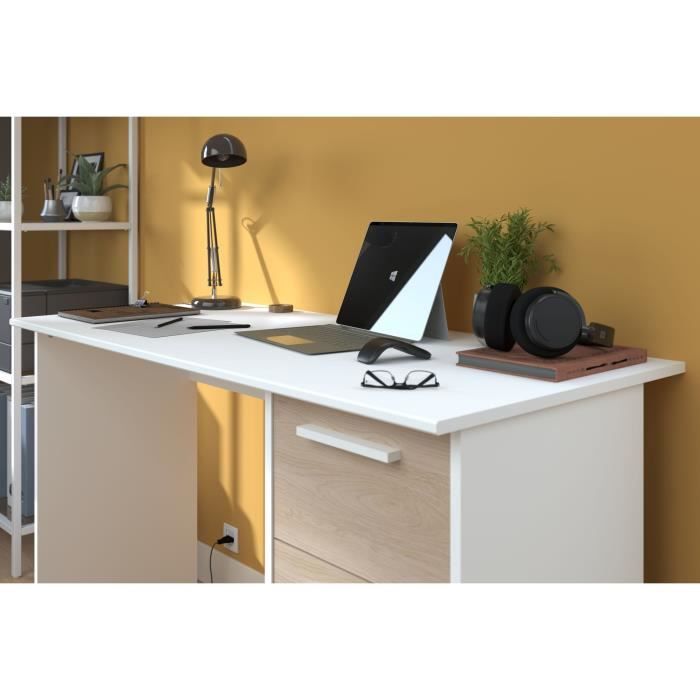 Office essential Parisot 3 drawers - Chene and white decor - L 121.2 x D 55 x H 74.5 cm - Made in France