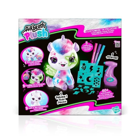Airbrush Unicorn Plush Toy that Glows in the Dark to Customize - Spray Art Plush Toy with Felt Tips and Stencils - OFG 274 - Canal Toys