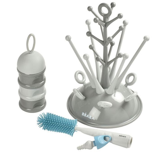 BEABA Birth set (Gray tree bottle drip / Light / dark mist dosing box / Silicone bottle brush / Tropical fabric bib)