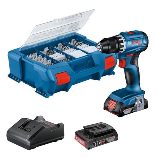 Bosch Professional GSR 18V ??drill drill + 2 batteries 2.0Ah + charger + 82 pieces, in L-CASE