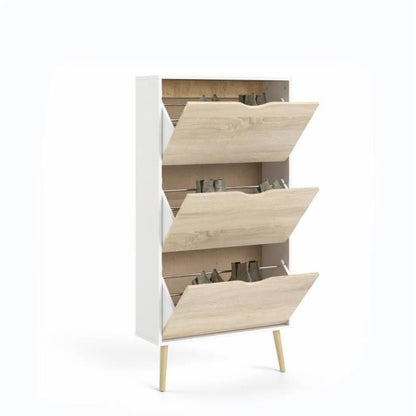 Shoe cabinet - White / Oak - 12 pairs - Solid wood flared base - 70.2 x 23.9 x 138.9 cm