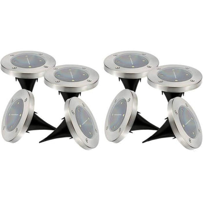 Set of 8 round stainless steel solar spotlights, recessed or spiked - LUMISKY - DECKY - cool white LED - Ø12 cm