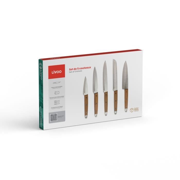 Set of 5 knives - LIVOO - MEC129 - Knives: chef, bread, kitchen, slicing and paring - Stainless steel - Beech handle