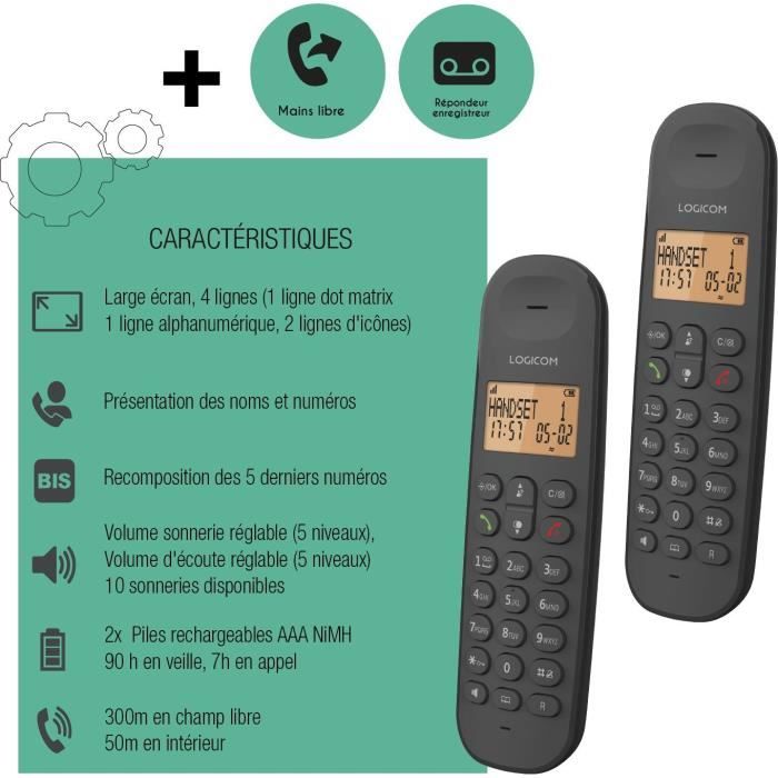 Cordless landline telephone - LOGICOM - DECT ILOA 255T DUO - Black - With answering machine