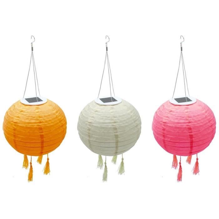 Set of 3 solar lanterns - LUMISKY - SHANGRI LA - H20 cm - Pink, cream and orange - Warm white LED