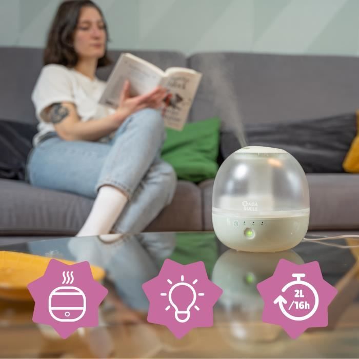 Badabulle Bubble Air Humidifier - Ensures Good Humidity Level - Integrated Night Light - 360° Nozzle - Up to 16 hours of Battery Life (2L)