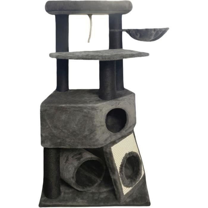 GUILY Dark gray cat tree - 50 x 50 x 141 cm - Dark gray - 2 platforms, 1 perch, 1 cabin, 1 ramp, 1 tunnel