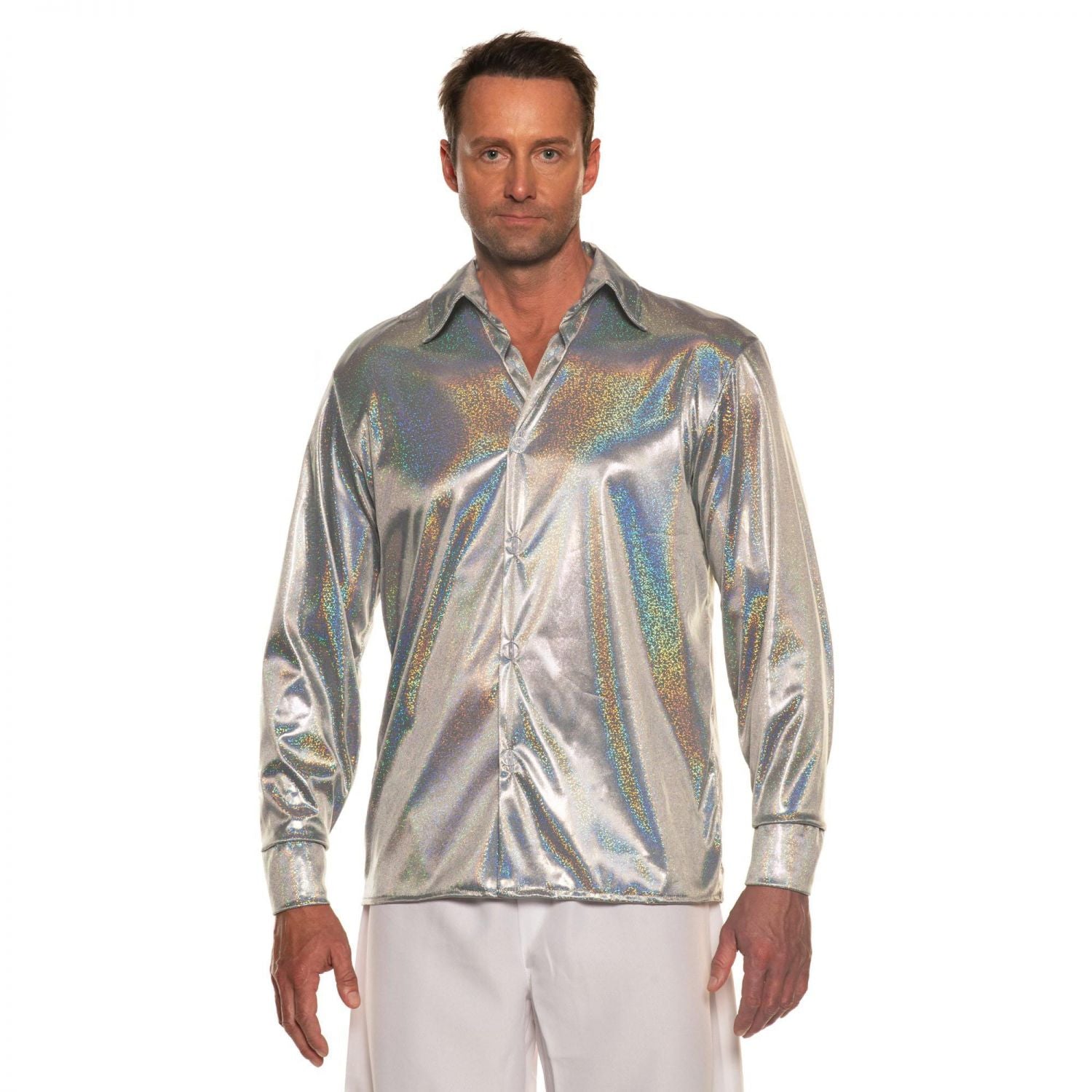 70s Silver Metallic Adult Costume Disco Shirt | Standard