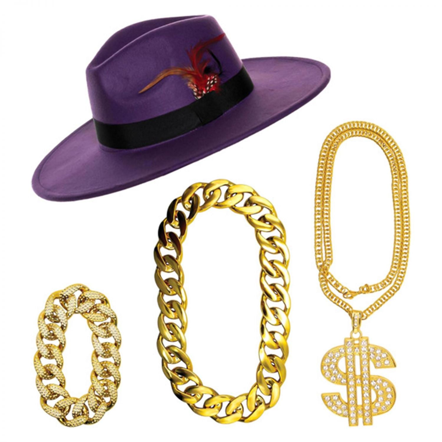 Pimp 4-Piece Adult Costume Accessory Kit | Purple Hat & Chains