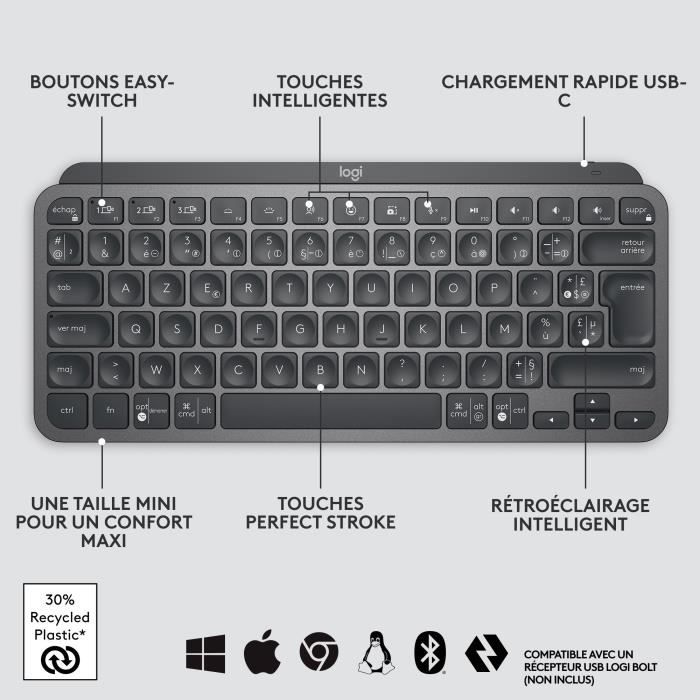 Logitech Wireless Keyboard - MX Keys Mini - GRAPHITE - Compact, Bluetooth, Backlit for MAC, iOS, Windows, Linux, Android