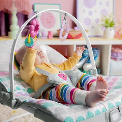 BRIGHT STARTS Rosy Rainbow evolving rocker, soothing vibrations, 2 recline positions, up to 36 months