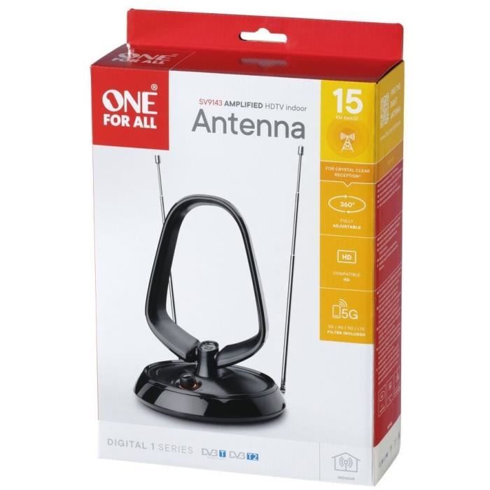 Amplified indoor antenna - ONE FOR ALL - With 15 km reception range - Excellent DTT reception - 3G/4G/5G/LTE filter
